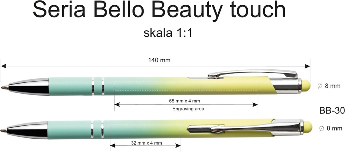 Rysunek techniczny: obszar znakowania długopisa BELLO BEAUTY Touch Pen