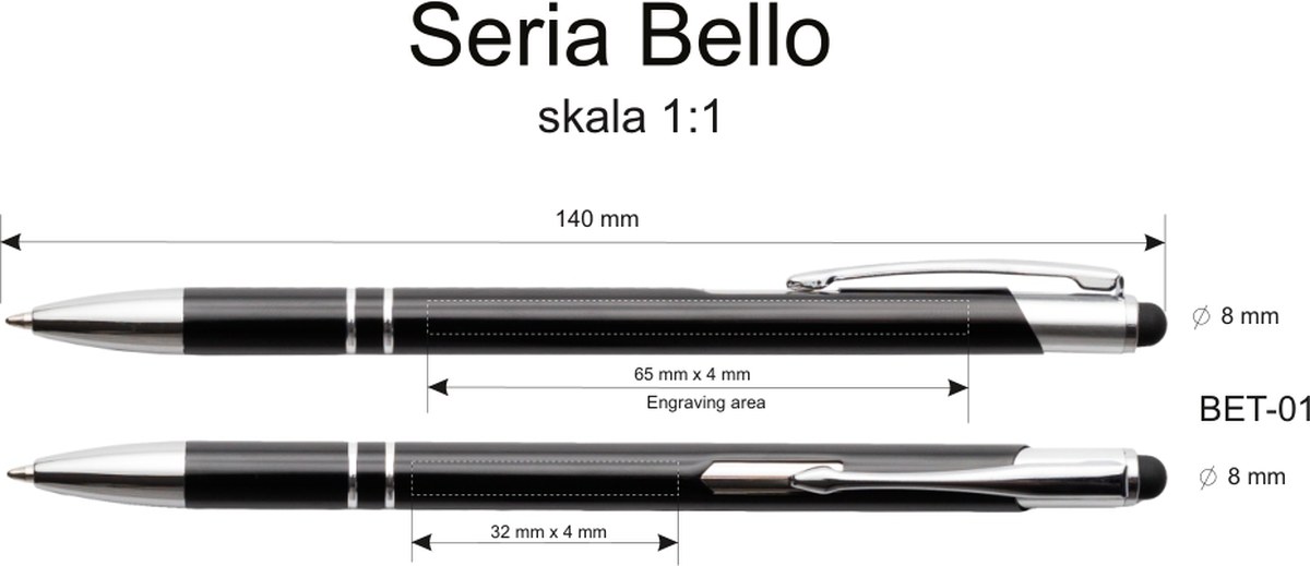 Rysunek techniczny: obszar znakowania długopisa BELLO Touch Pen