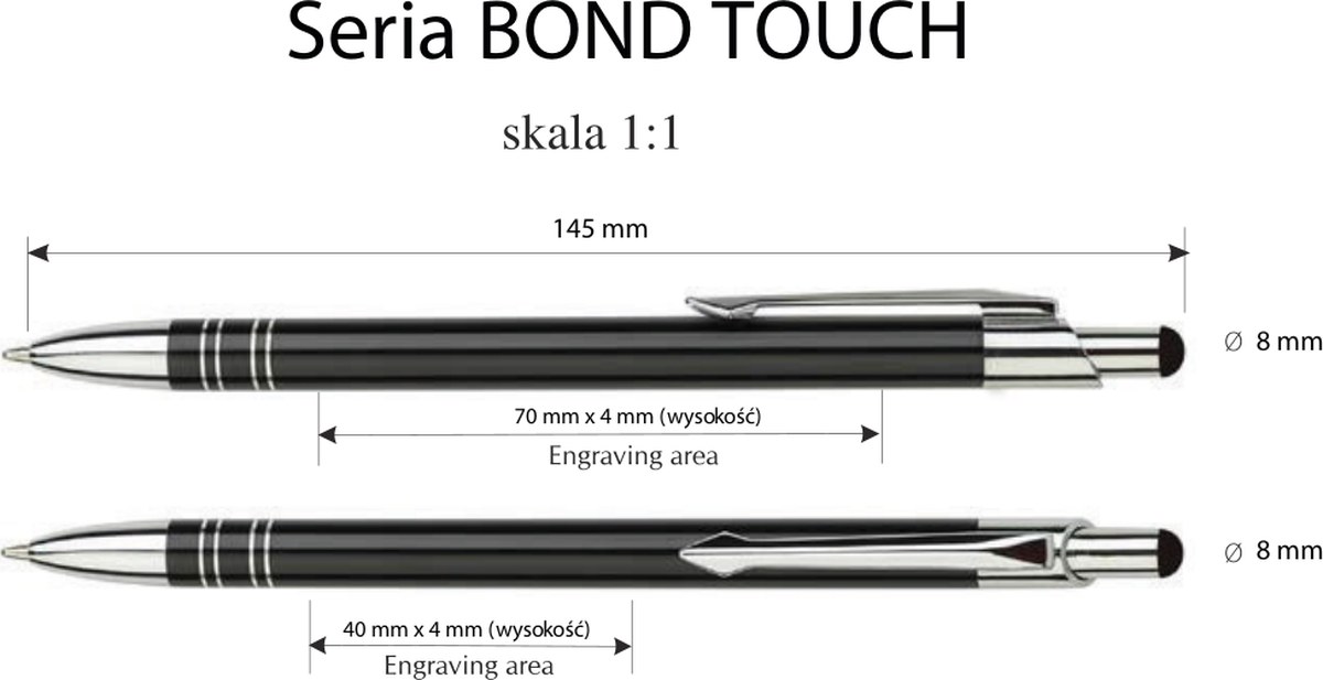 Rysunek techniczny: obszar znakowania długopisa BOND Touch Pen