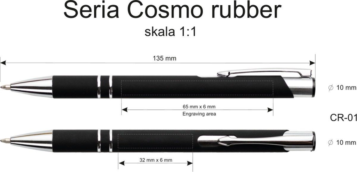 Rysunek techniczny: obszar znakowania długopisa COSMO RUBBER