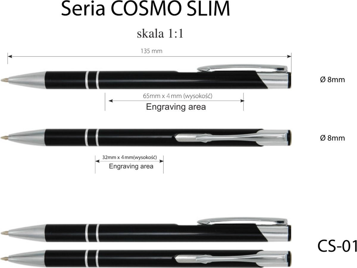Rysunek techniczny: obszar znakowania długopisa COSMO SLIM