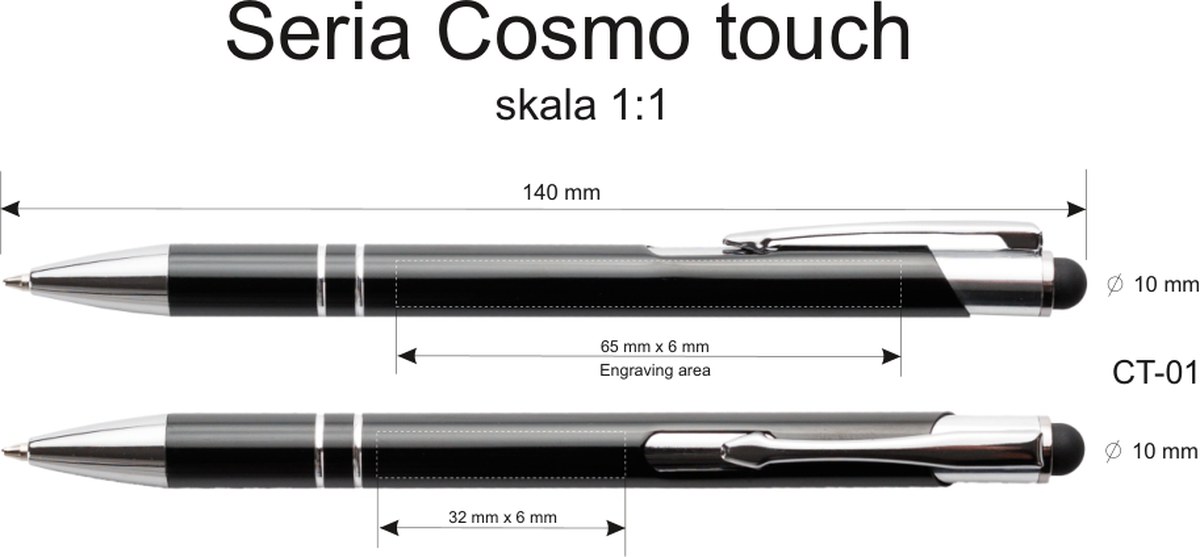 Rysunek techniczny: obszar znakowania długopisa COSMO Touch Pen