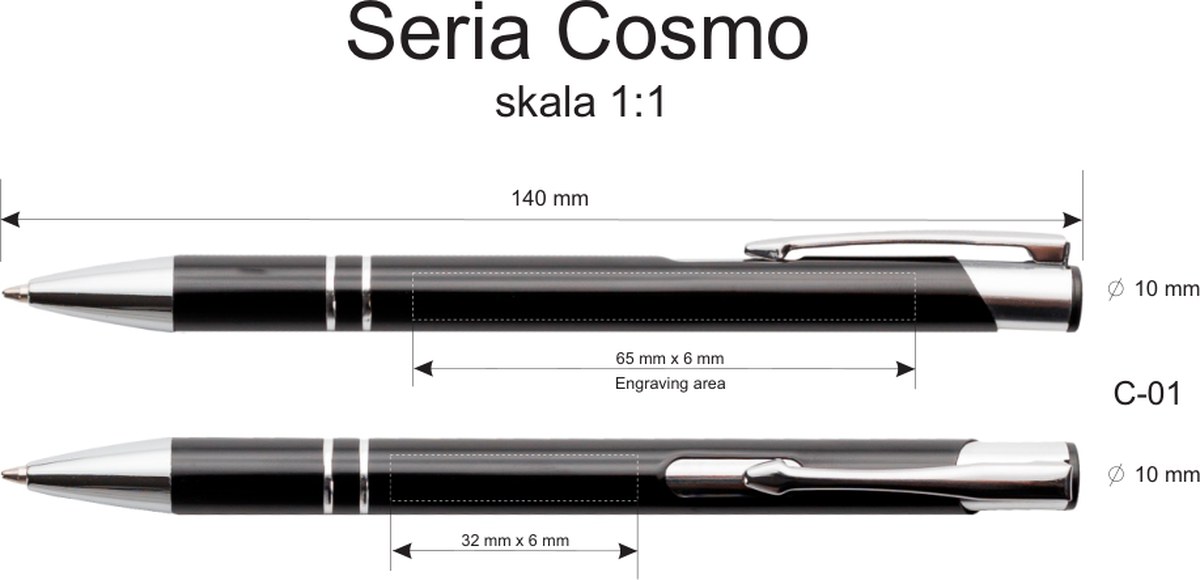Rysunek techniczny: obszar znakowania długopisa COSMO