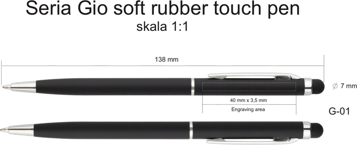 Rysunek techniczny: obszar znakowania długopisa GIO Soft Rubber Touch Pen