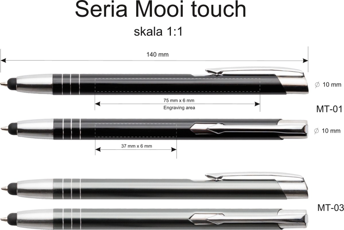 Rysunek techniczny: obszar znakowania długopisa MOOI Touch Pen