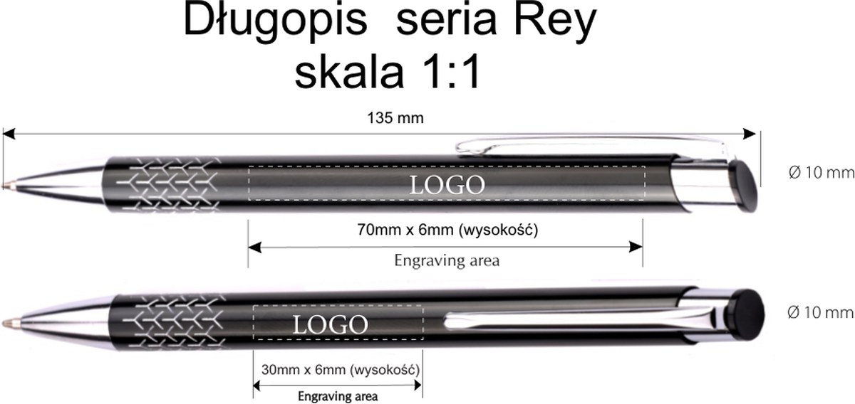 Rysunek techniczny: obszar znakowania długopisa REY