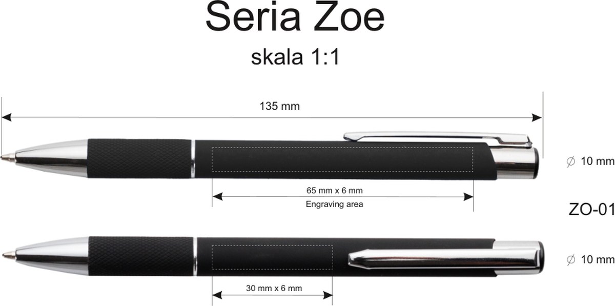 Rysunek techniczny: obszar znakowania długopisa ZOE